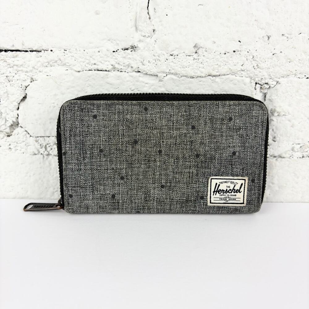 Herschel Zip Around Wallet Black Grey Tweed Polka Dot